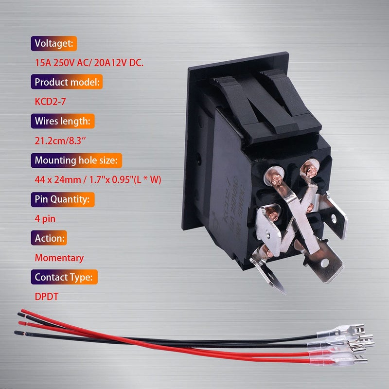 weideer 12V Reverse Polarity Switch Momentary Power Jack Rocker Switch DC Motor Control DPDT 4 Pin(ON)-Off-(ON) 20A 12 Volt DC RV Switch with Wires (Pack of 2) - Image 4